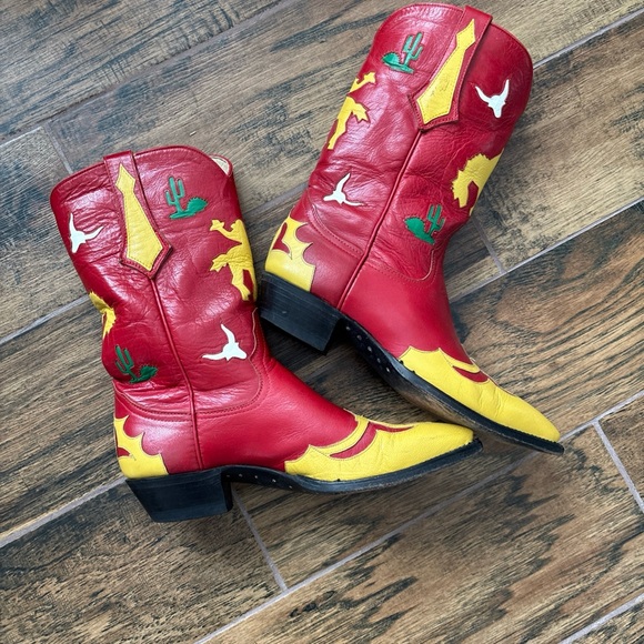 Larry Mahan Vintage Red and Yellow Western Cowgirl Flashy Boots 7.5B - Picture 6 of 8